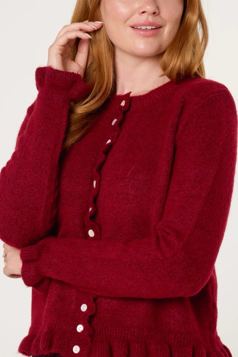 Ruffled Knit Cardigan - Wine
