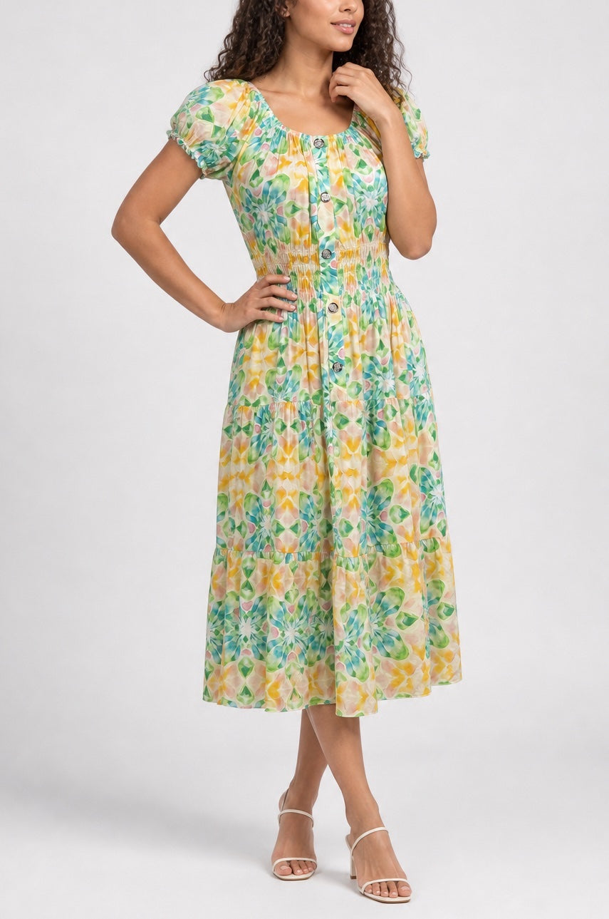 Tiered Shirred Midi Dress 958-J1 - Yellow