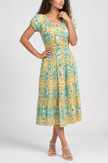 Tiered Shirred Midi Dress 958-J1 - Yellow