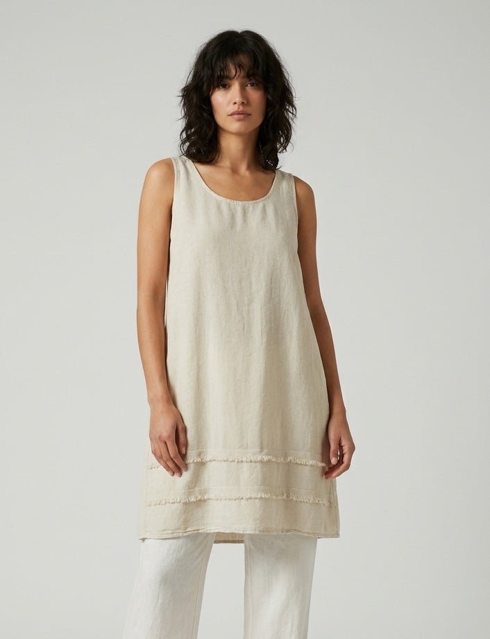 Cotton Shift Dress with Frayed Hem - Stone