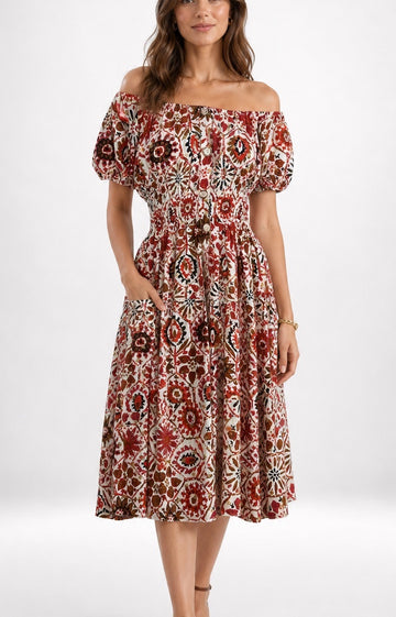Aztec Shirred Puff Sleeve Off-the-Shoulder Dress - Red
