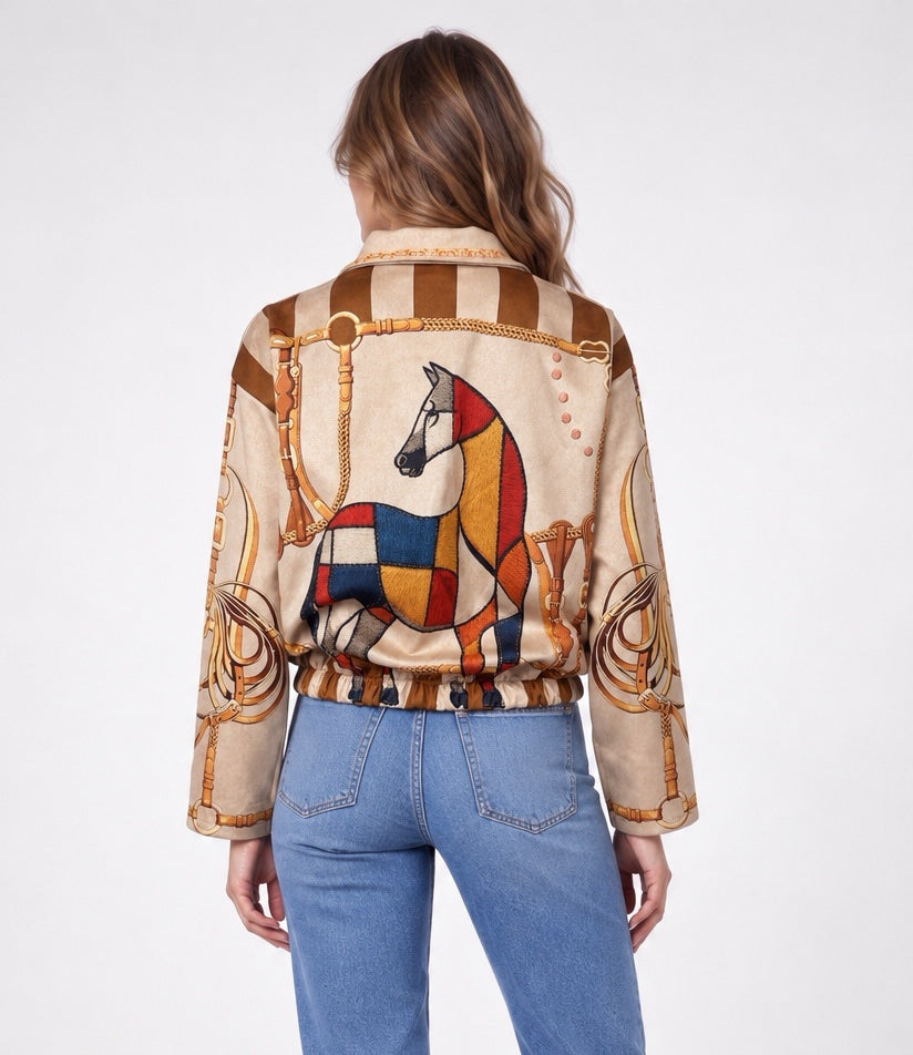 Equestrian Print Zip Jacket - Stone