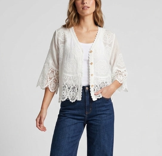 Embroidered Lace-Trimmed Blouse - White