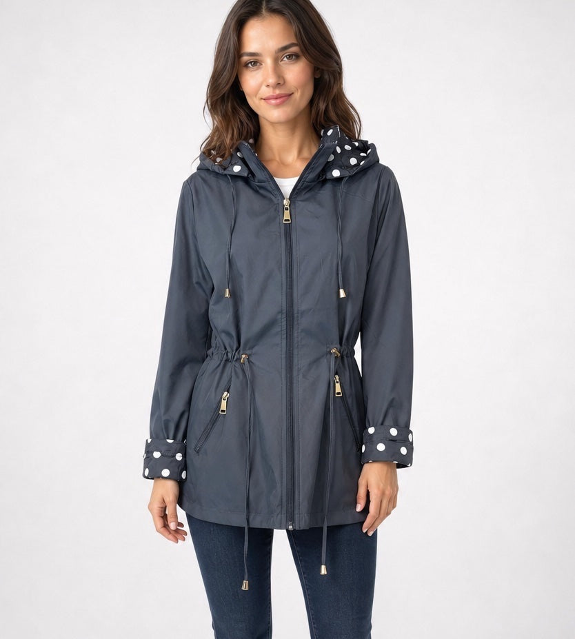 Polka Dot Lined Hooded Parka - Navy