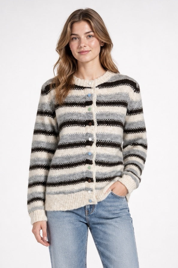 Striped Lace Trim Wool Cardigan - Ivory