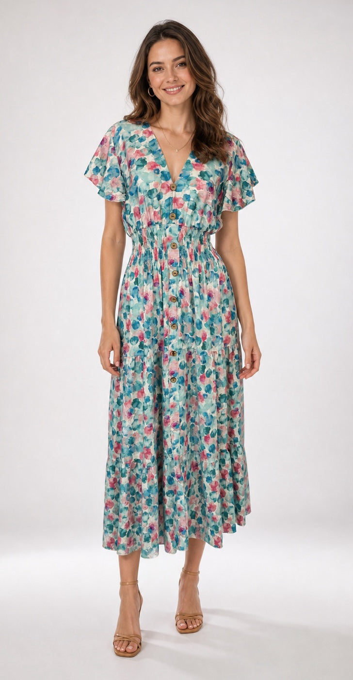 Watercolour Floral Print Shirred Waist Midi Dress - Mixed Pack
