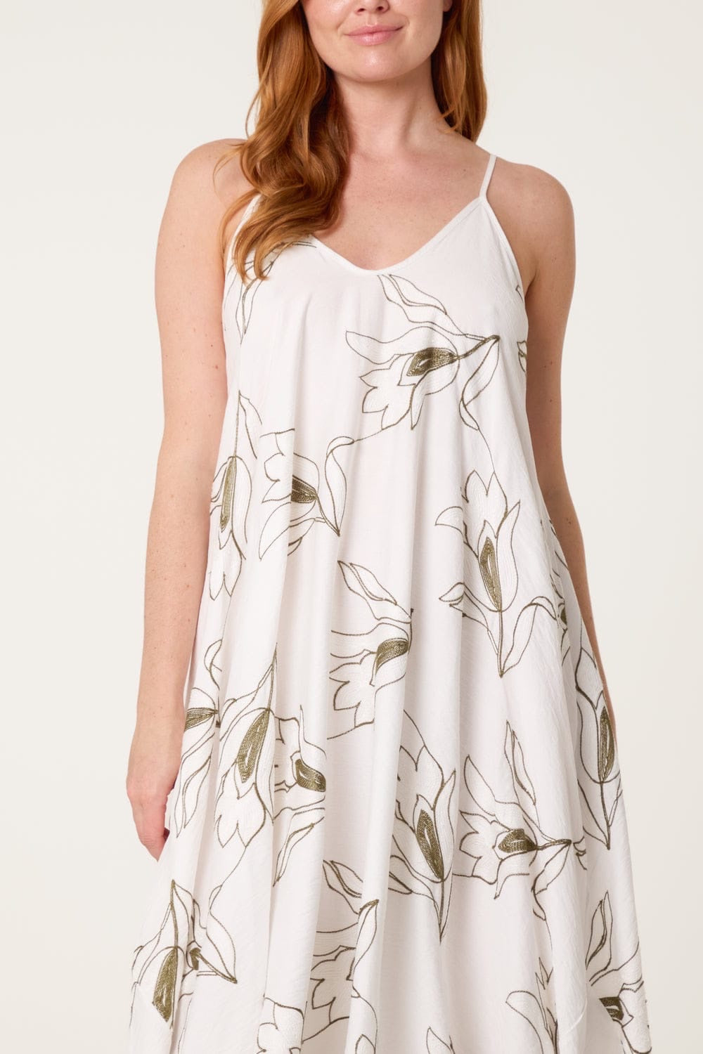 Floral Print Midi Dress with Spaghetti Straps - Green (2)