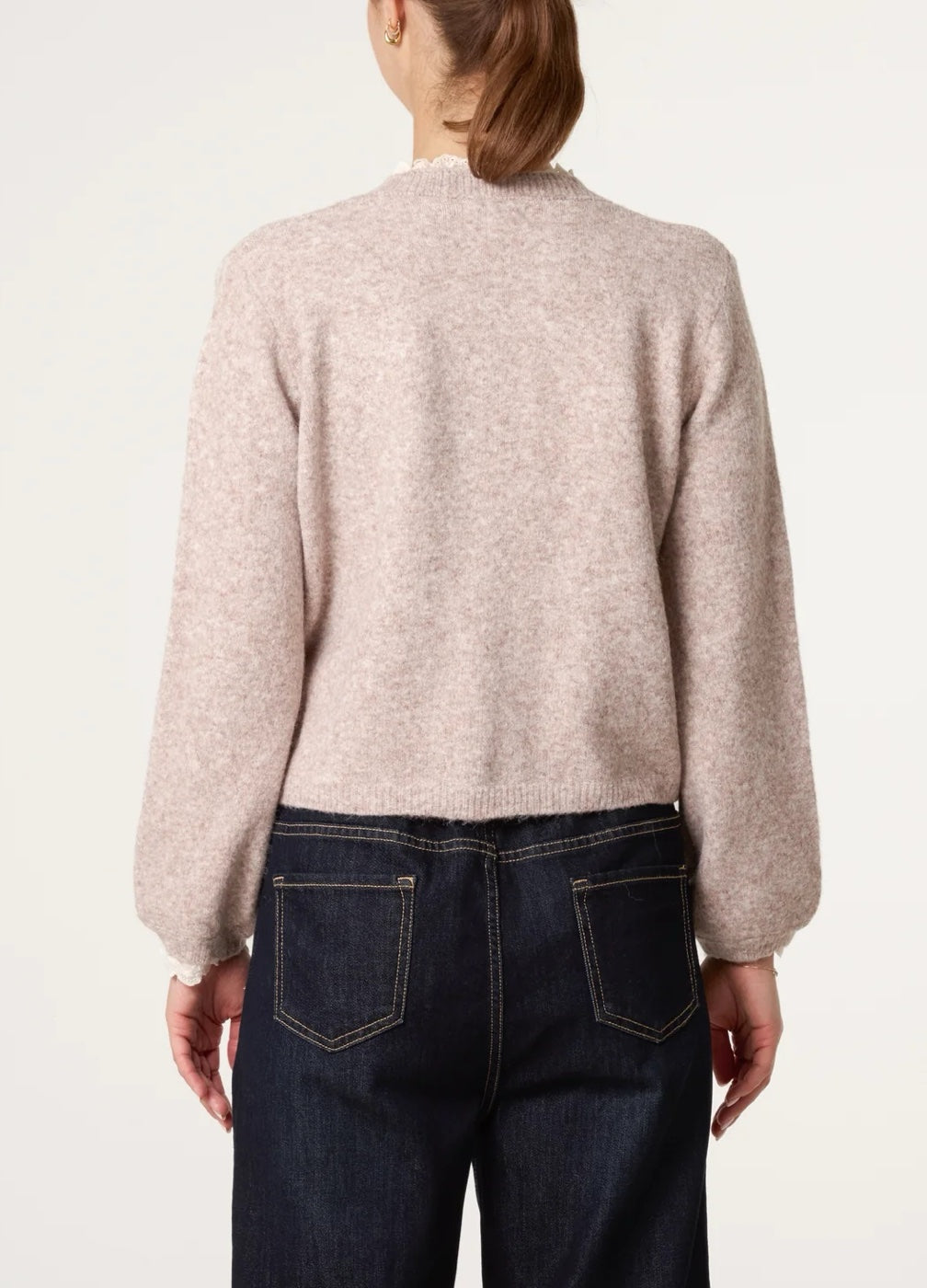 Lace Trim Textured Knit Cardigan - Taupe (2)