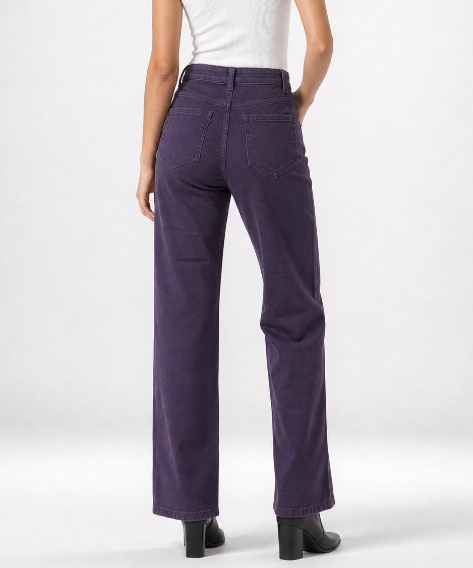 High-Rise Wide-Leg Button detail Jeans - Plum (2)