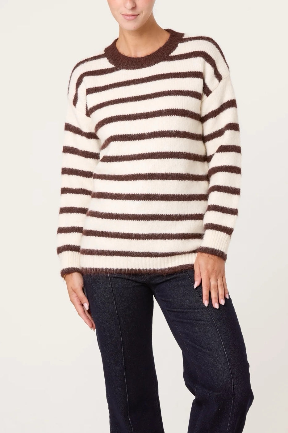 Striped Wool Blend Crew Neck Jumper - Chocolate