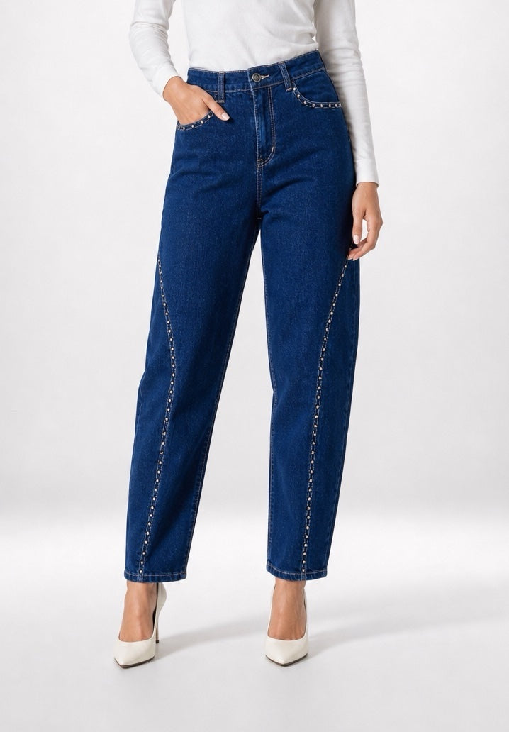 Studded Seam Barrel Leg Jeans - Indigo