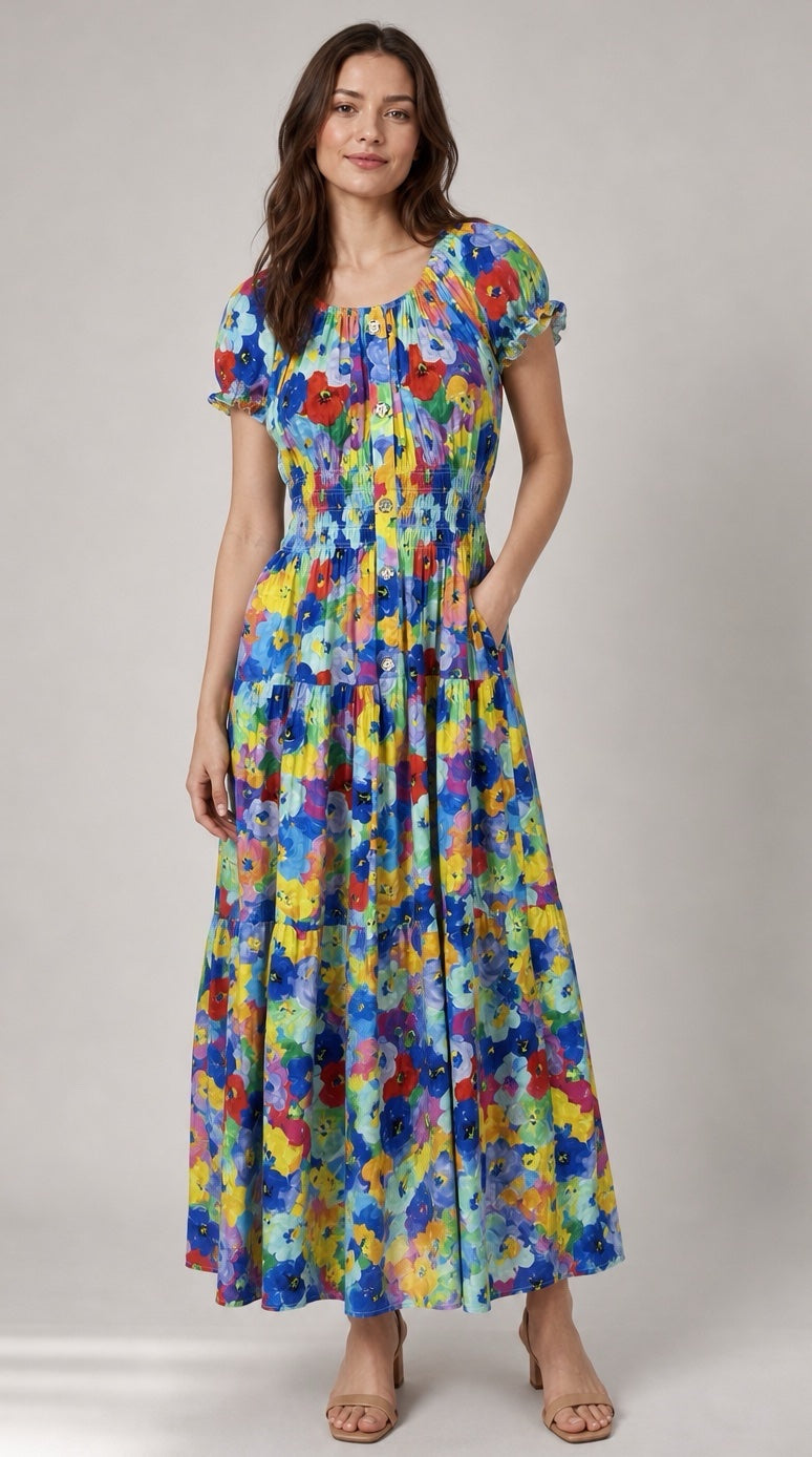 Tiered Shirred Maxi Dress - Multi