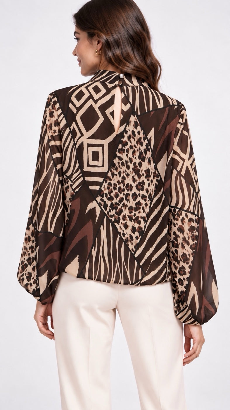 Patchwork Print High Neck Blouse - Mixed Pack (2)