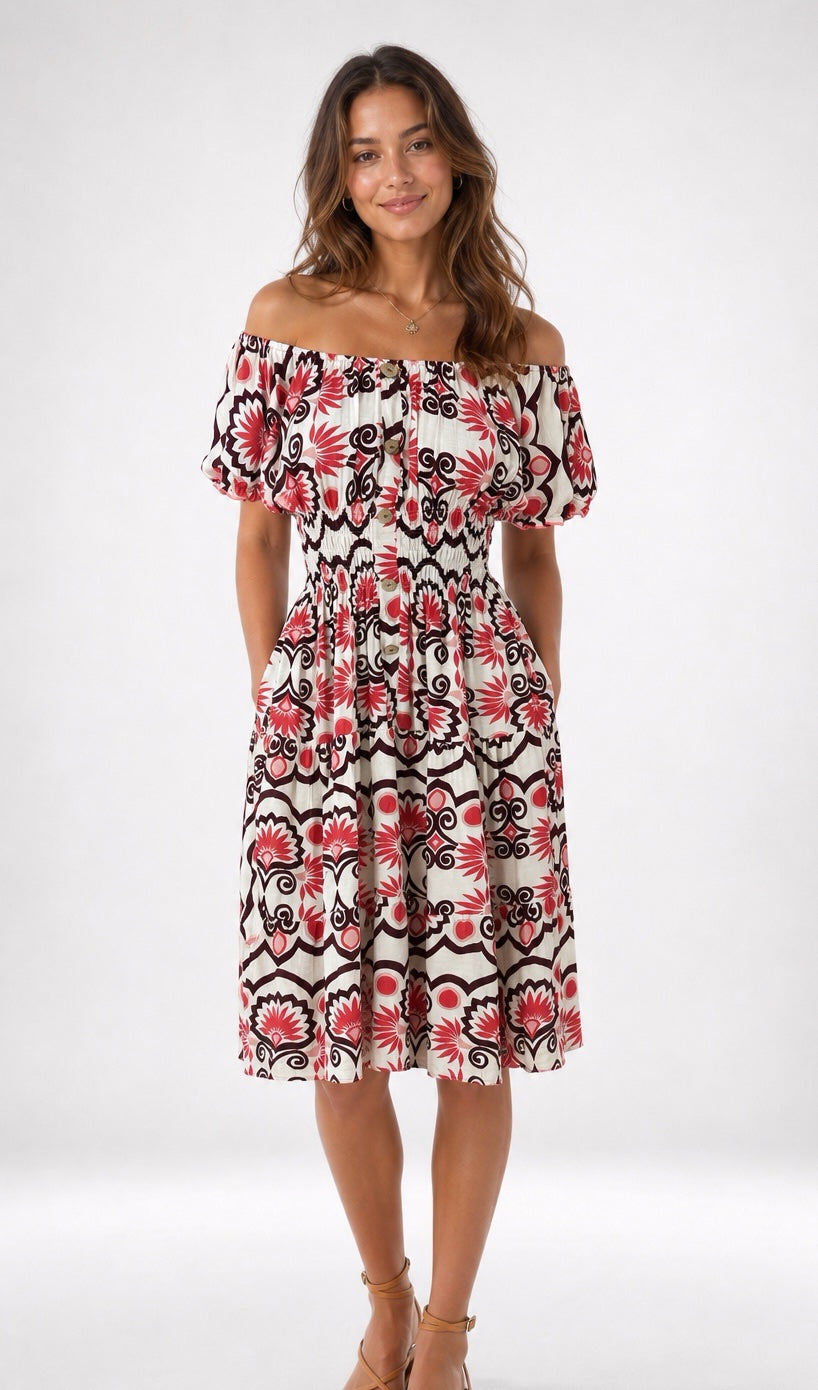 Damask Print Tiered Midi Dress - Mixed Pack