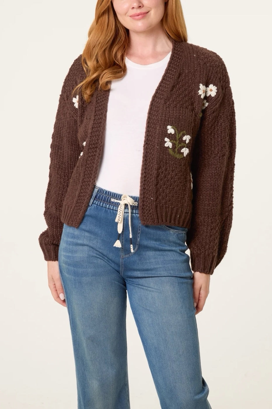 Embroidered Floral Knit Cardigan - Chocolate