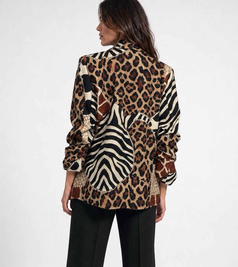 Patchwork Animal Print Blazer - Brown (2)