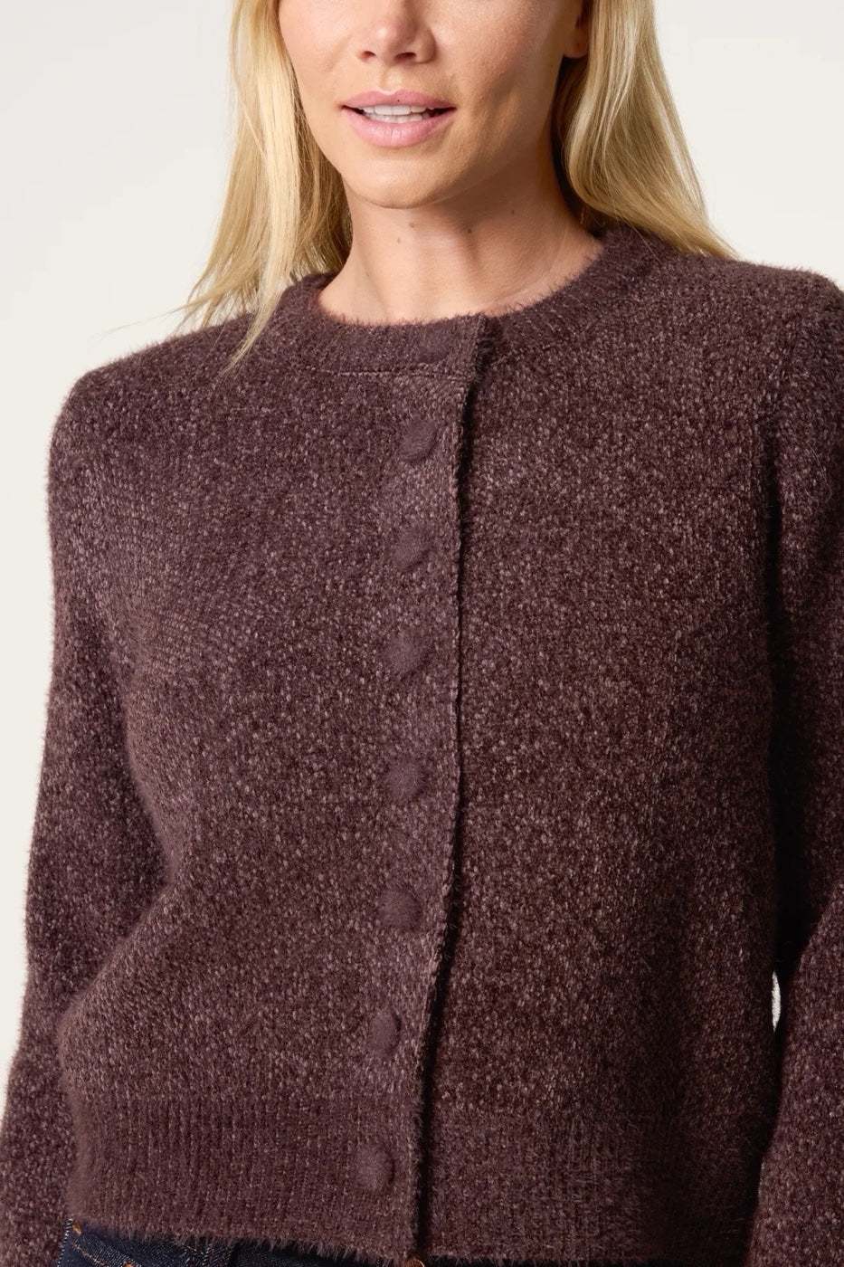 Textured Knit Button-Up Cardigan - Chocolate