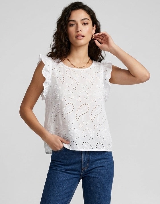 Embroidered Eyelet Top with Ruffled Sleeves - White