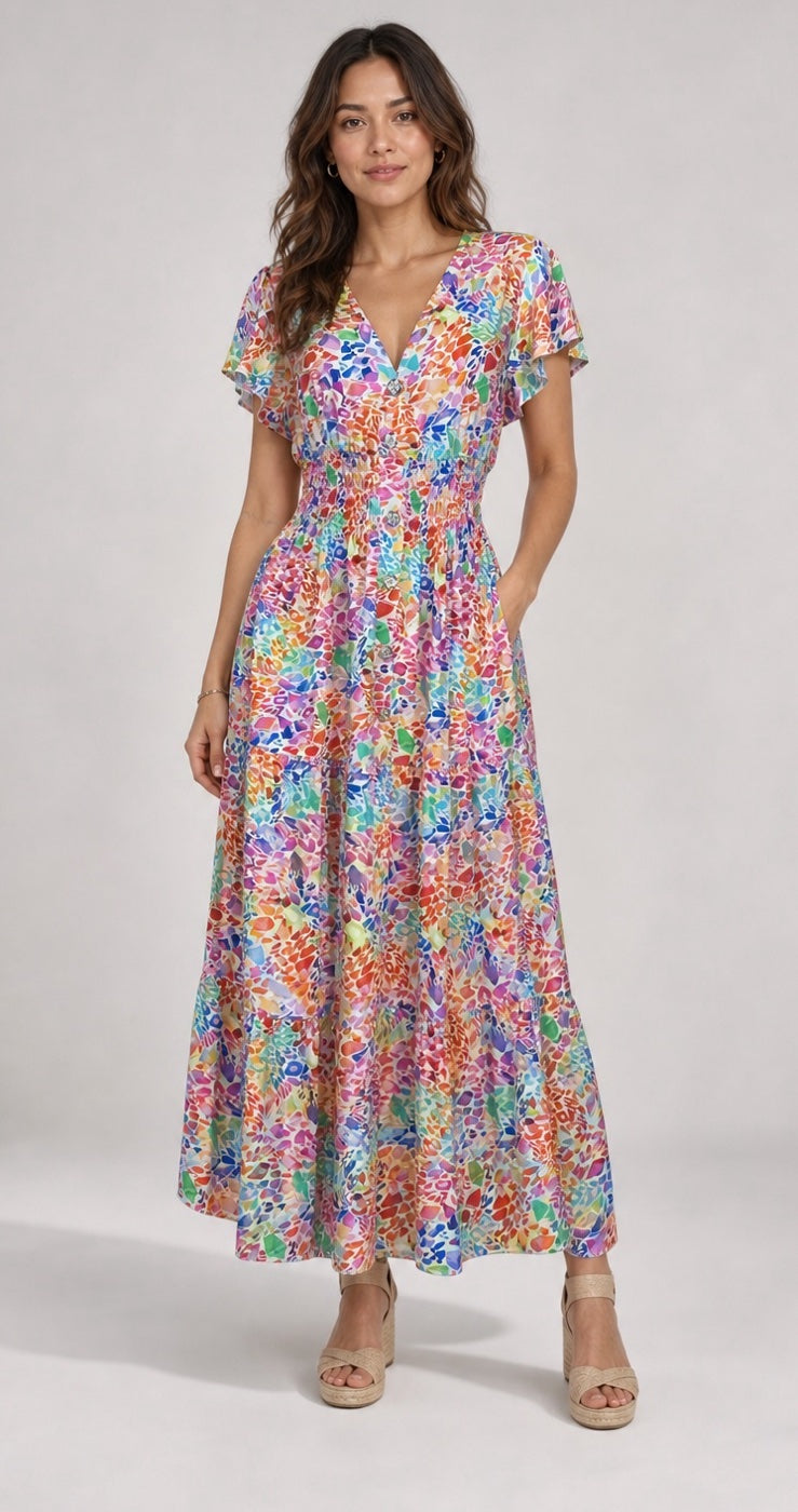 Coloured Pattern Shirred Waist Maxi Dress - Bright Pink