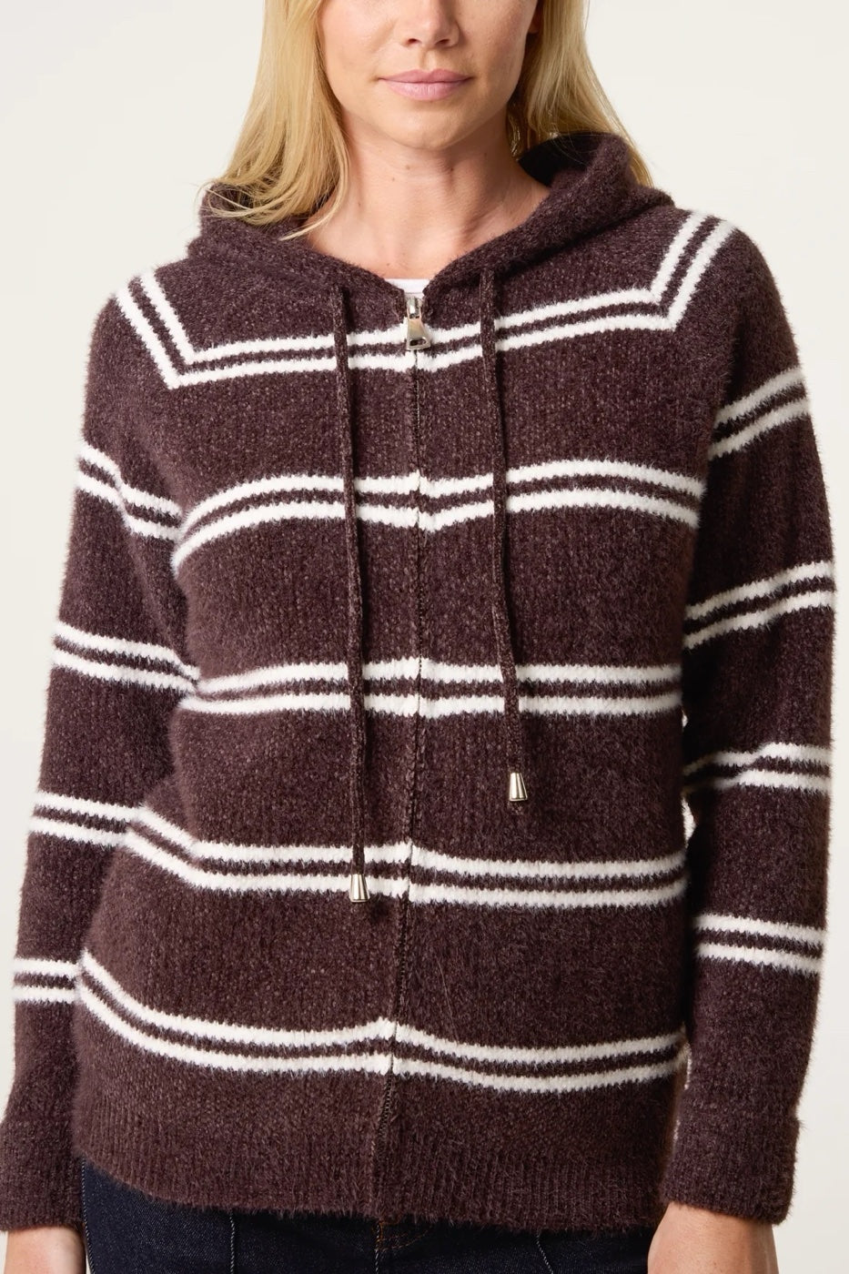 Striped Knit Hooded Cardigan - Chocolate/Ivory