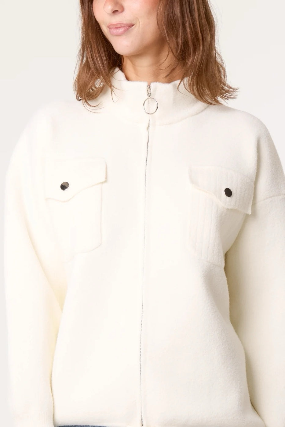 Cosy Zip-Up Knit Jacket with Pockets - Ivory