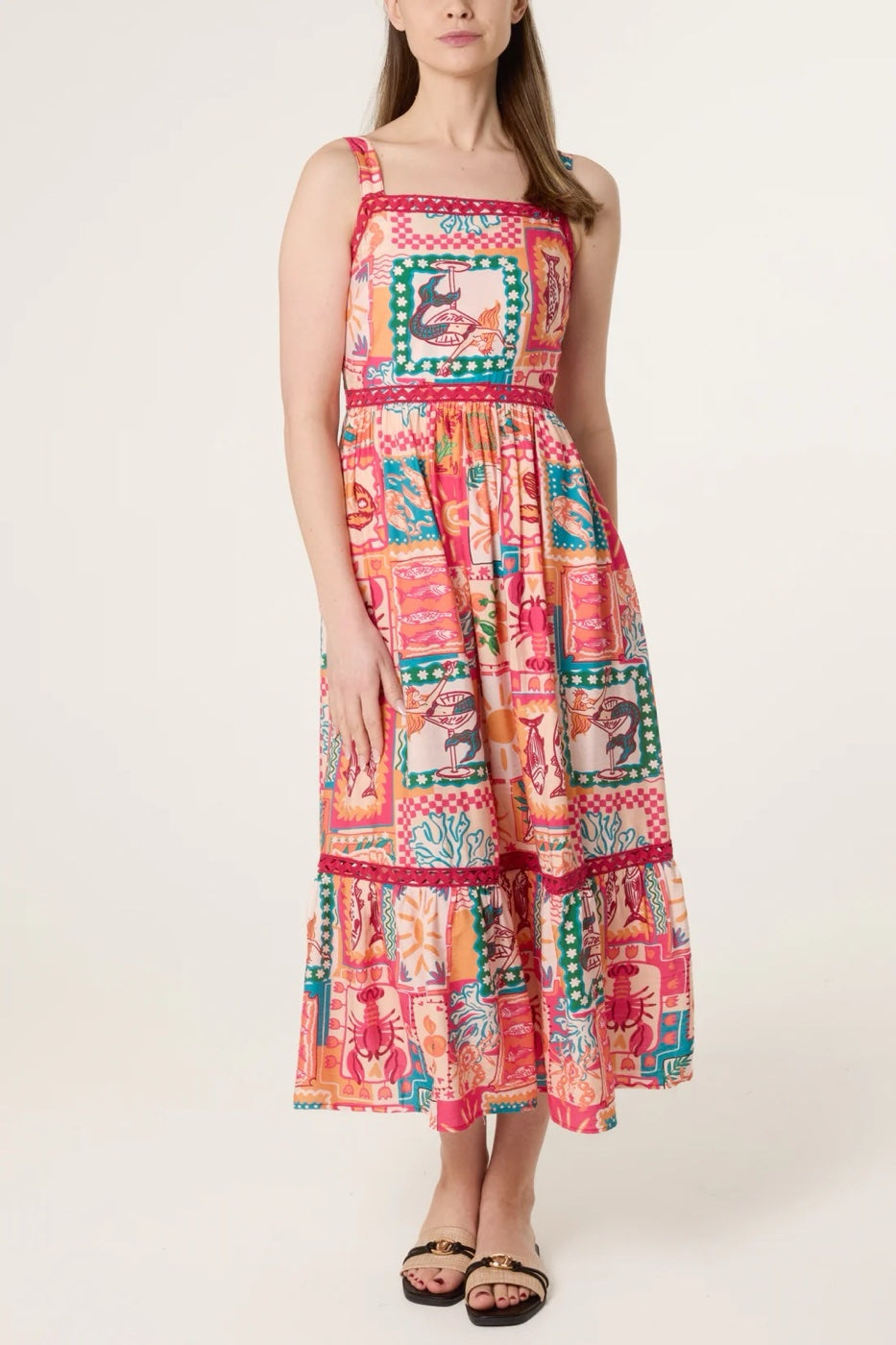 Whimsical Patchwork Print Tiered Midi Sundress - Orange Red