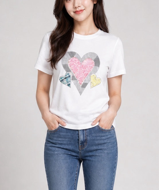 Embellished Heart Graphic T-Shirt - White