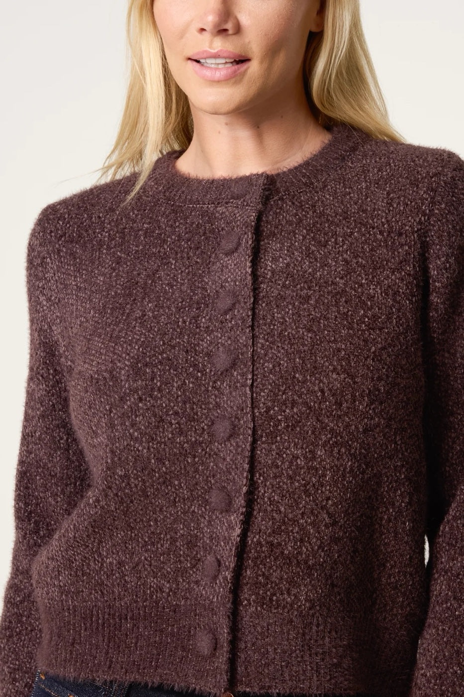 Textured Knit Cropped Cardigan - Chocolate