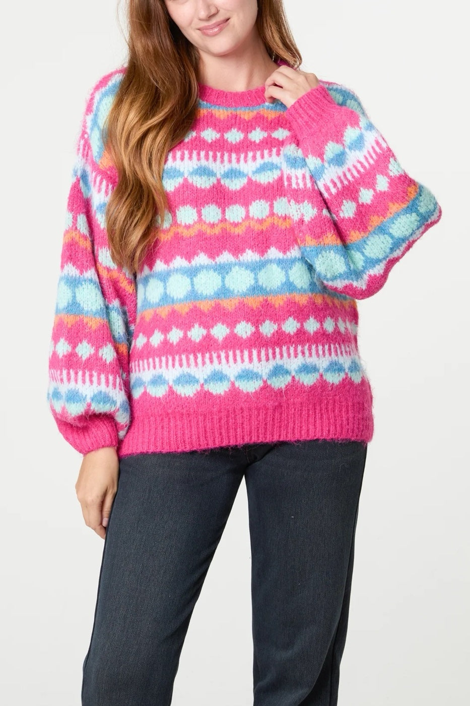 Geometric Knit Jumper with Balloon Sleeves - Pink