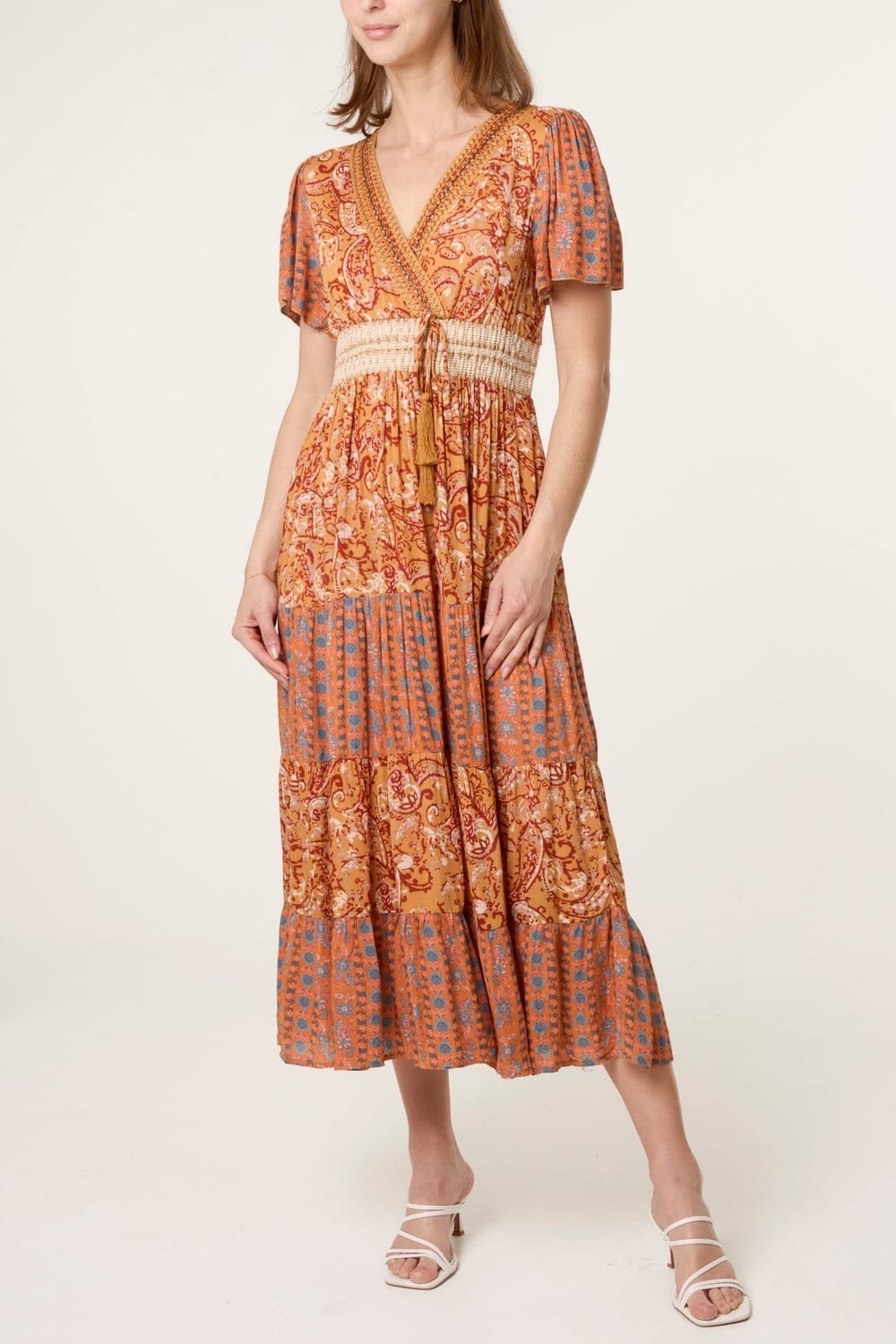 Bohemian Tiered Maxi Dress with Paisley Print - Orange