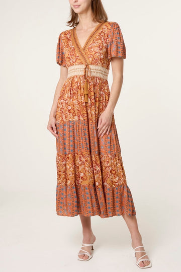 Bohemian Tiered Maxi Dress with Paisley Print - Orange