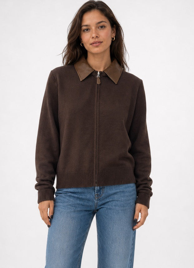 Zip-Through Knit Jacket with Faux Leather Collar - Mixed Pack