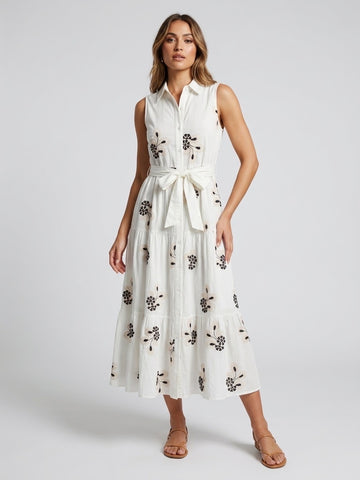 Embroidered Tiered Belted Midi Dress - White