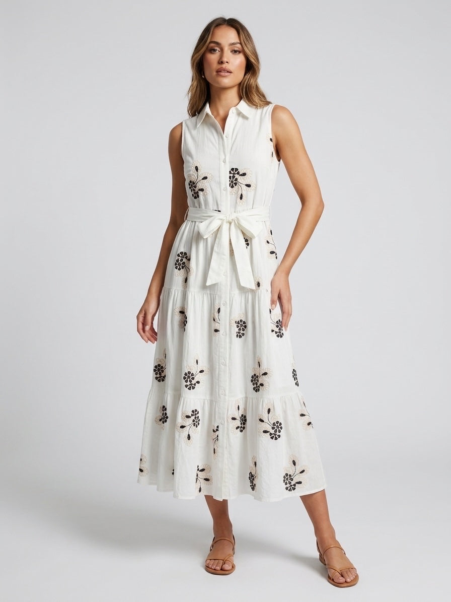Embroidered Tiered Belted Midi Dress - White