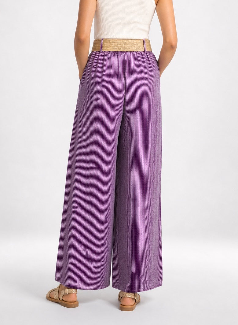 Wide-Leg Striped Trousers with Woven Belt - Mixed Pack (2)