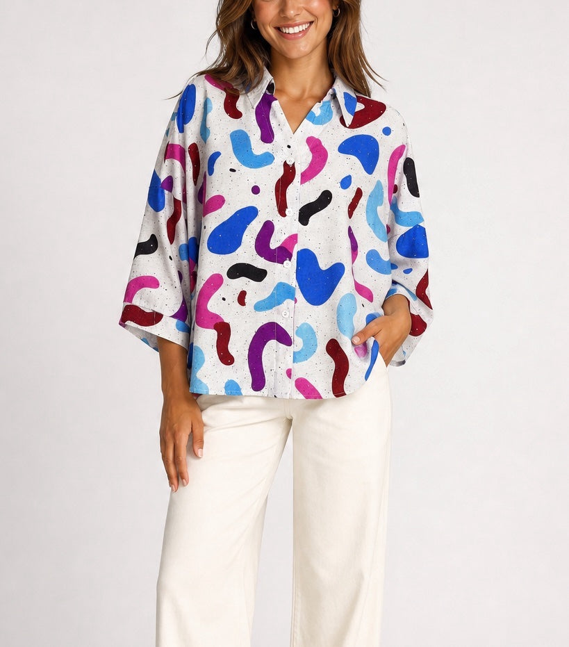 Abstract Print Rhinestone embellished Shirt - Purple