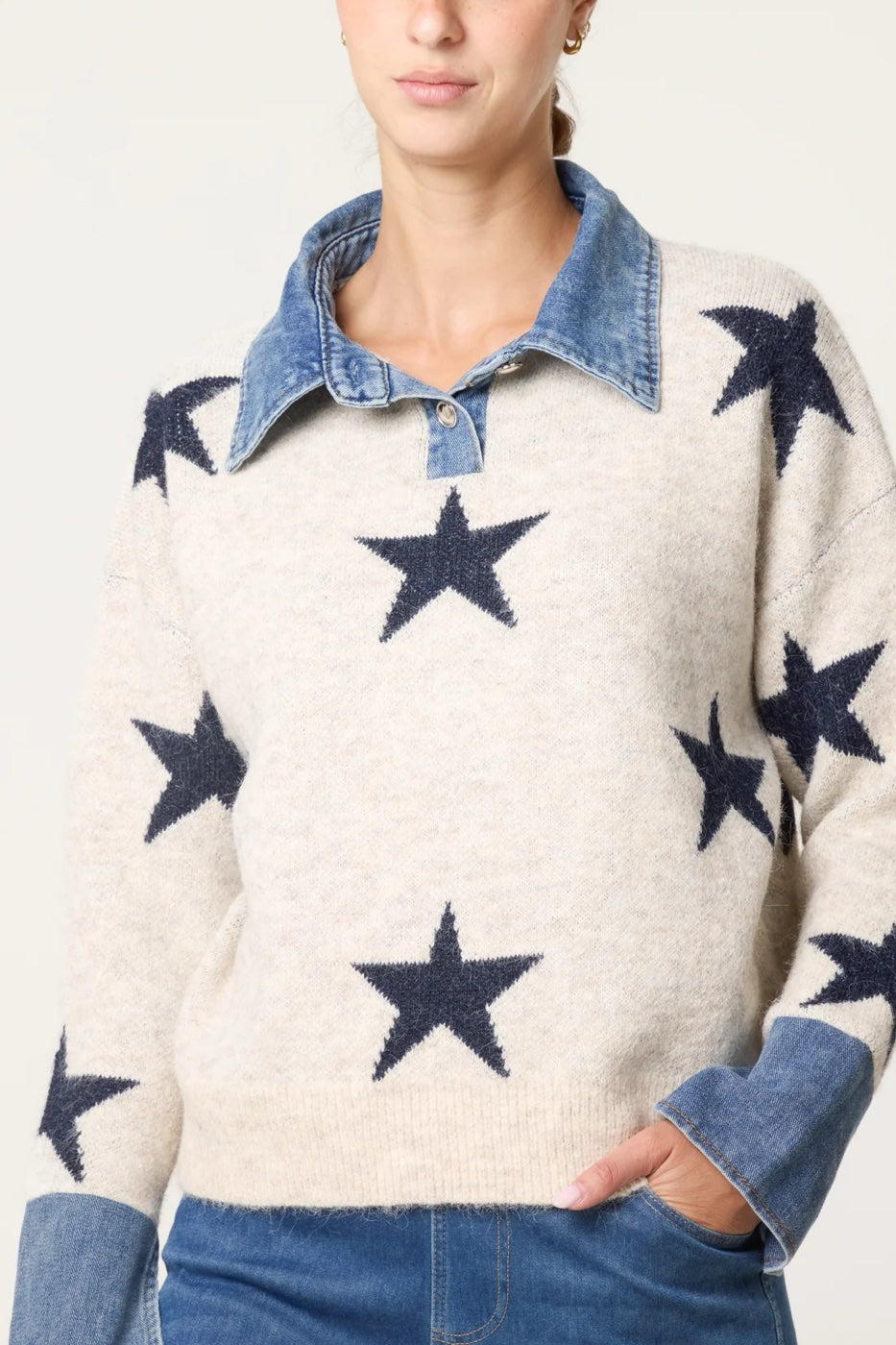 Star Knit Jumper with Denim Accents - Stone (2)