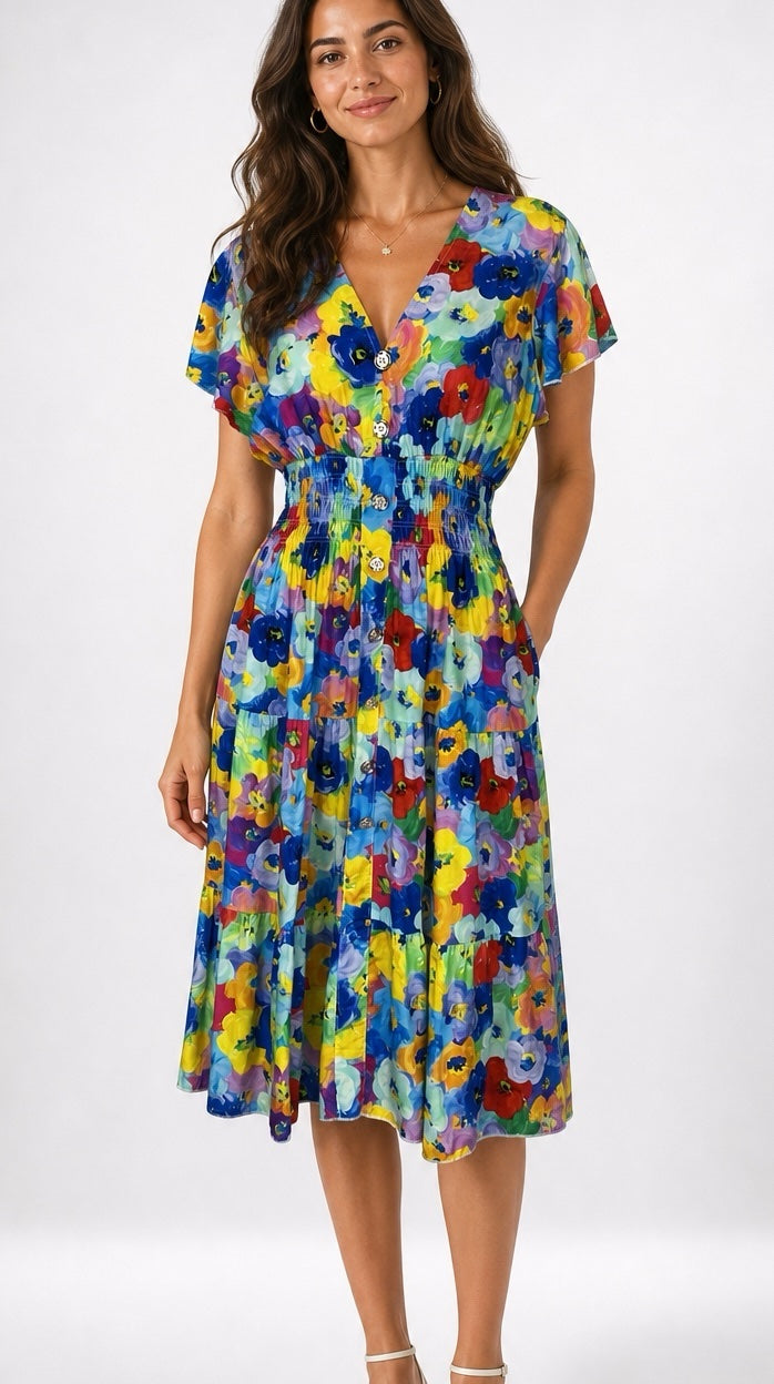 Floral Midi Dress - Cobalt Blue