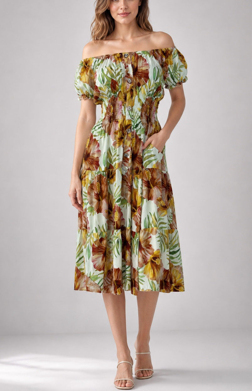 Off-The-Shoulder Tiered Midi Dress - Multi
