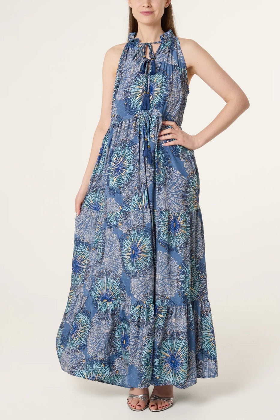 Tiered Halter Neck Maxi Dress - Light Steel Blue