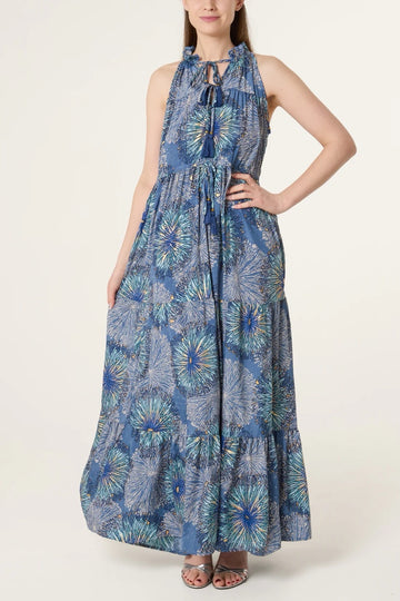 Tiered Halter Neck Maxi Dress - Light Steel Blue