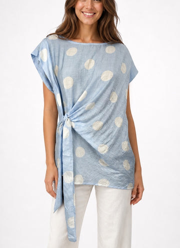 Polka Dot Tie-Waist Blouse - Baby Blue