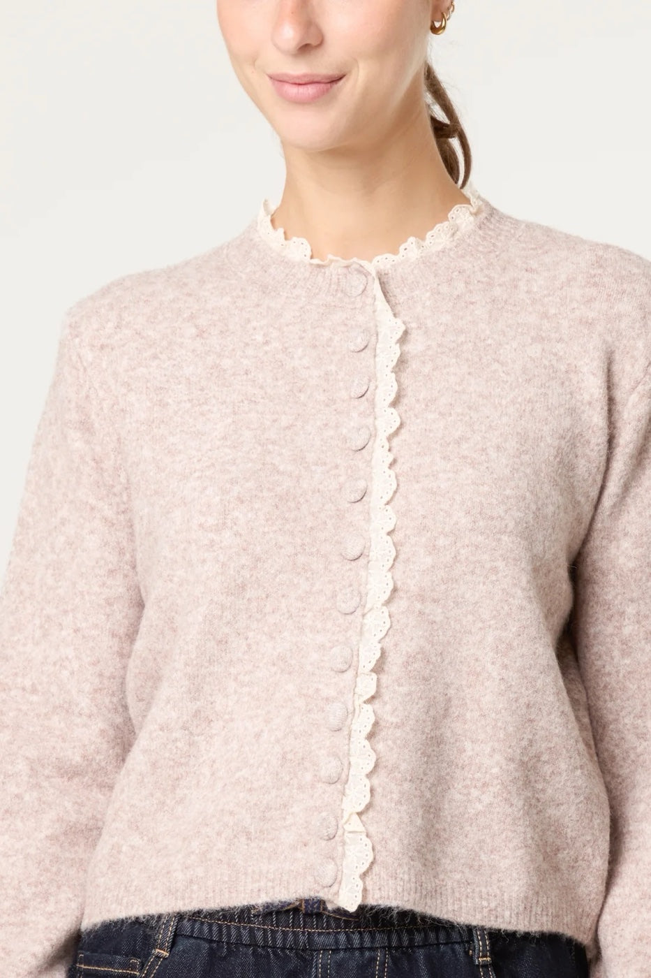 Lace Trim Textured Knit Cardigan - Taupe