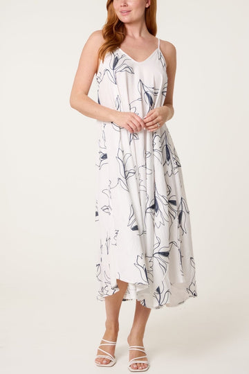 Maxi Dress with Floral Print - Navy Blue