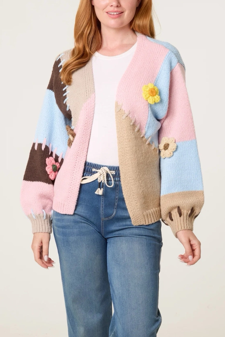 Patchwork Floral Appliqué Cardigan - Chocolate
