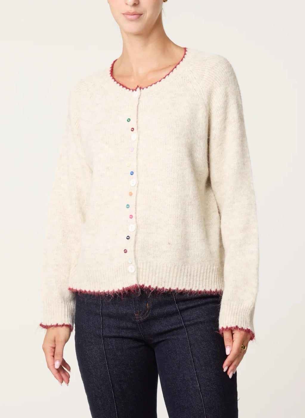 Textured Knit Rainbow Button Cardigan - Beige/ Wine