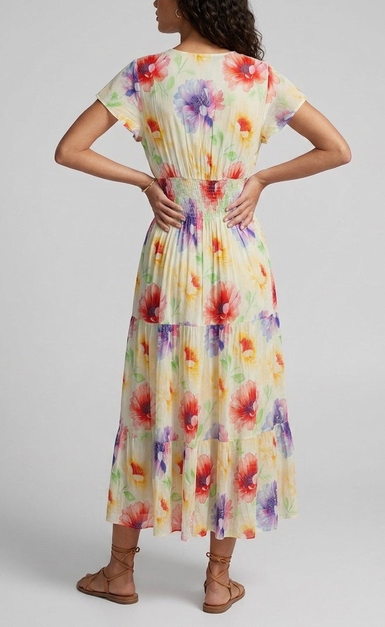 Tiered Midi Dress with Shirred Waist - Lemon