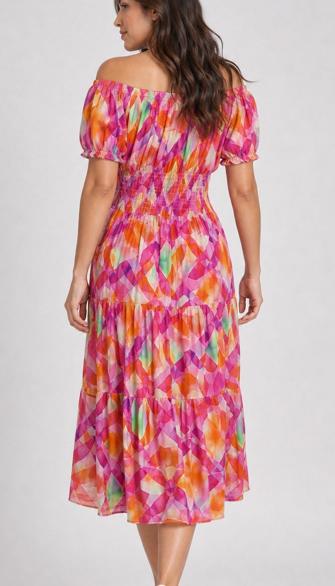 Off-the-Shoulder Shirred Midi Dress - Hot Pink