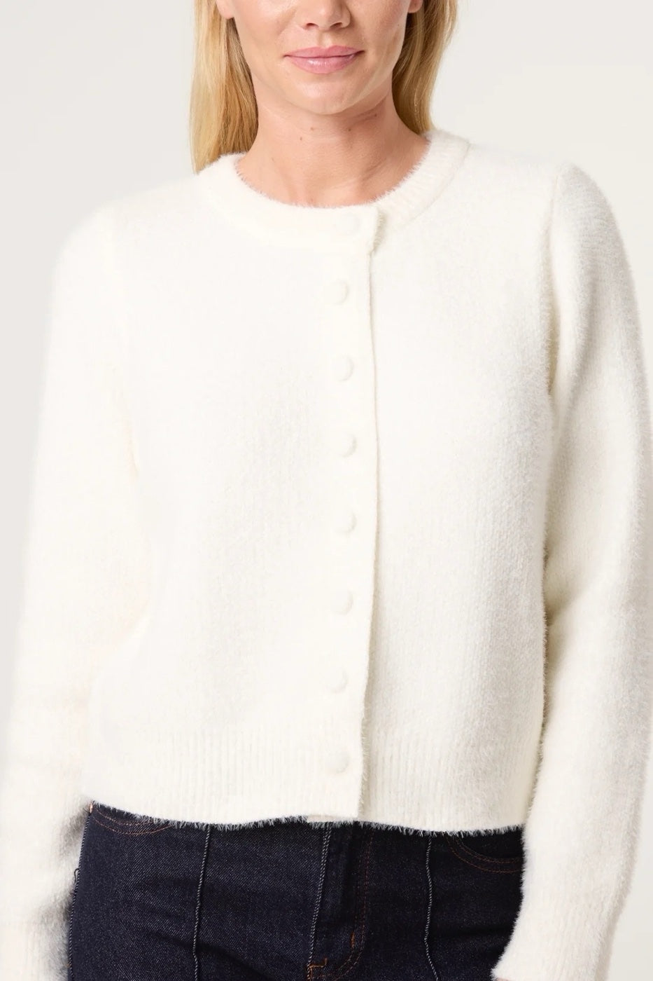 Fluffy Knit Button Up Cardigan - Ivory