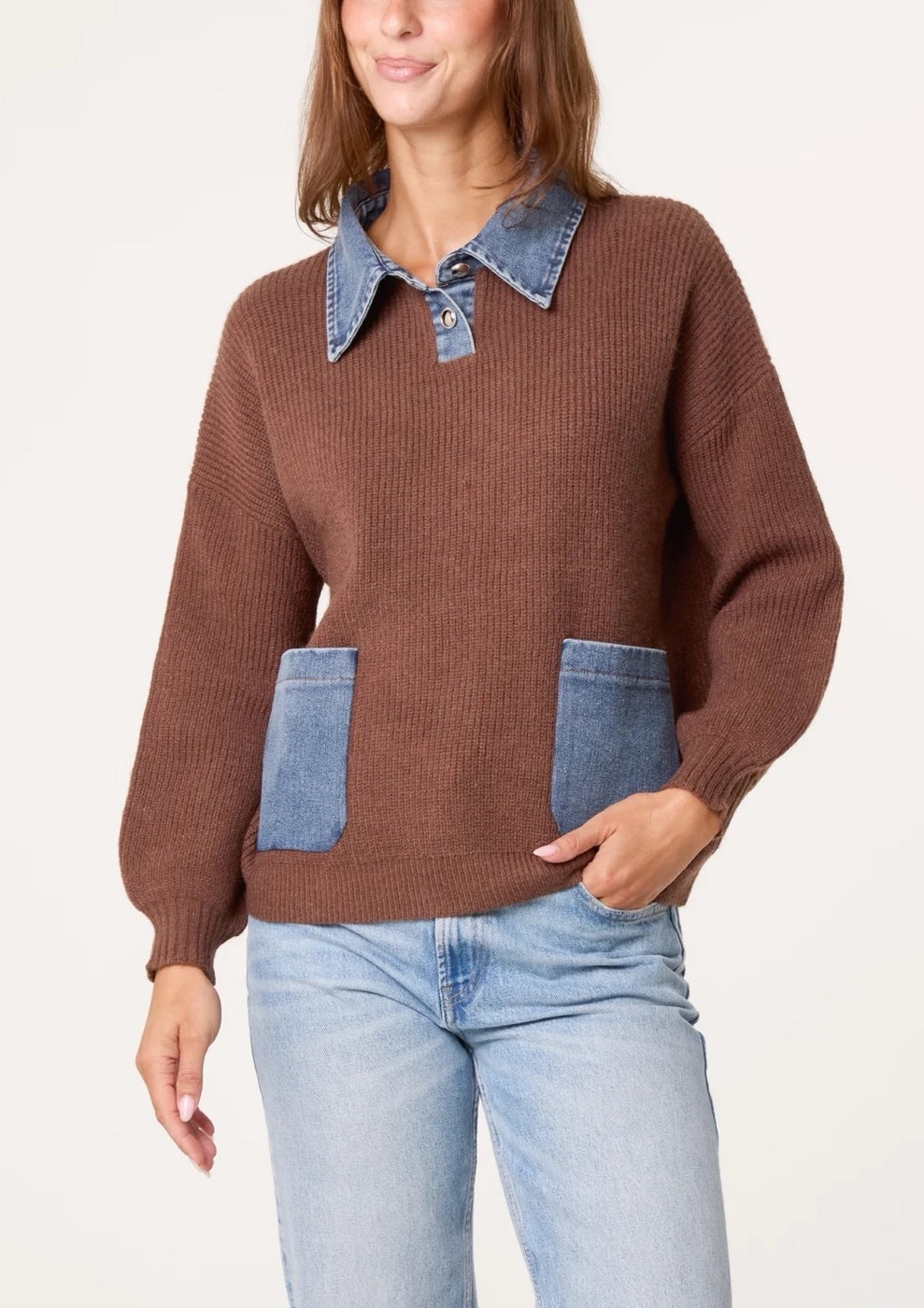 Denim Collar Knitted Jumper - Chocolate